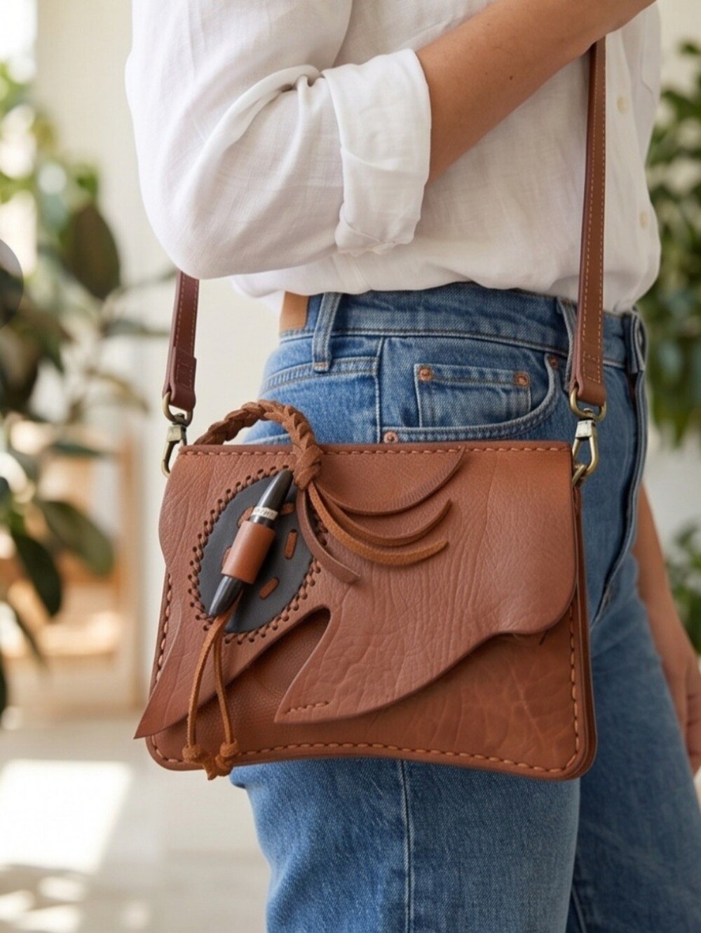 Handmade Brown Leather Crossbody Bag with Braided Detail